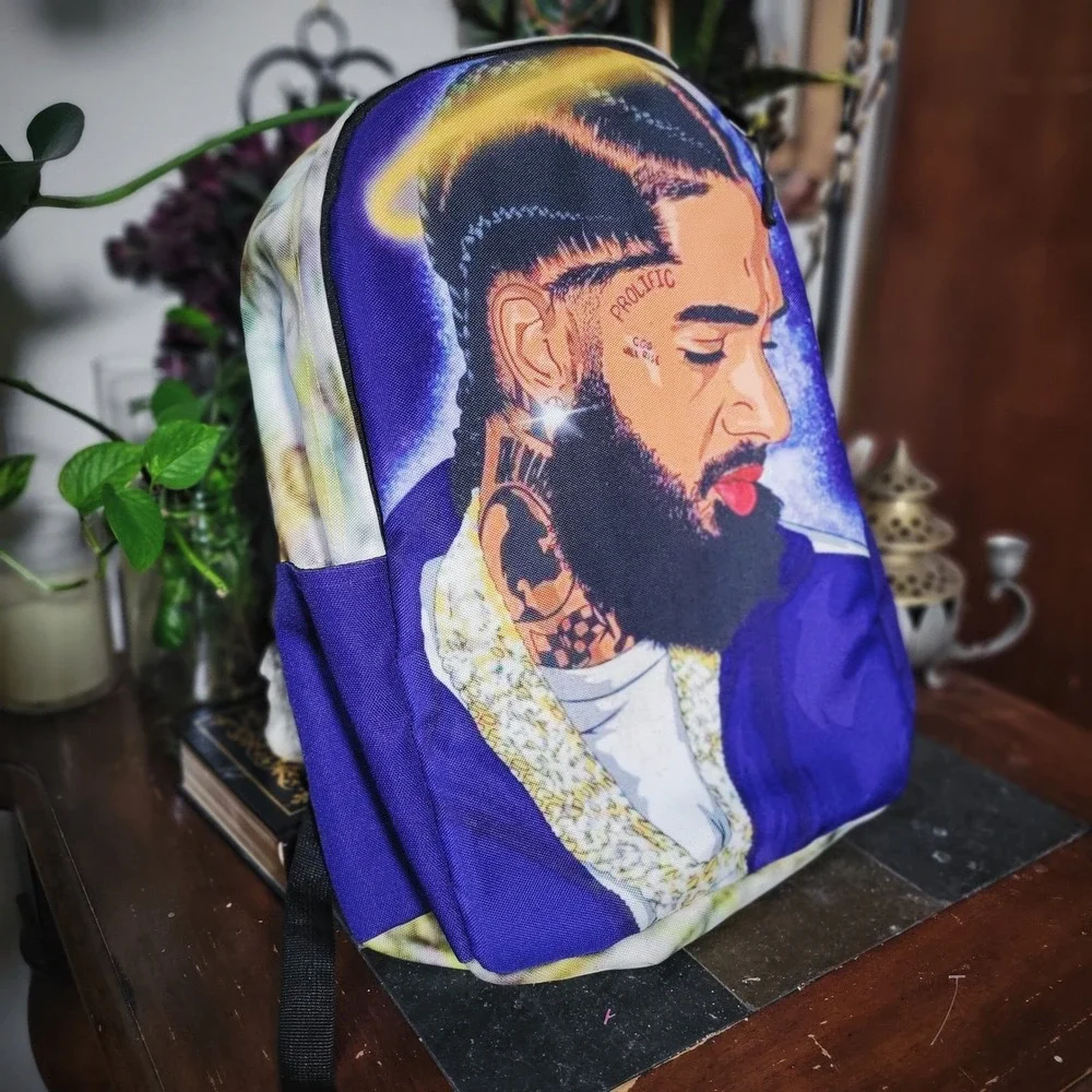 Nipsey Hussle Backpack Prolific Portrait Blue Graphic Bookbag Marathon Continues